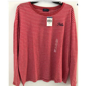 Polo Ralph Lauren Red Striped Long Sleeve 100% Cotton T Shirt Size L Crew Neck